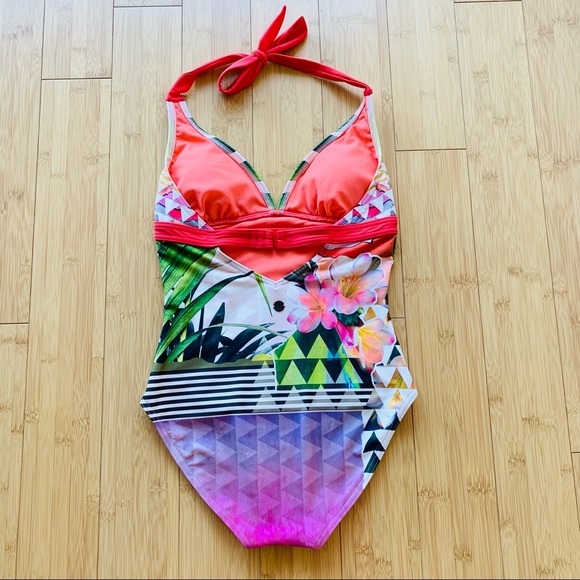 PrAna Lahari Carmine Pink Paradise One-Piece Halter Swimsuit - Picture 4 of 6